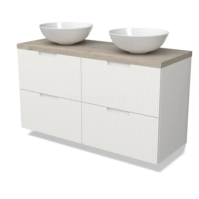 Modulo Plato Vanity units for countertop basin | 120 cm Matte white Line front Light grey oak worktop 4 drawers BMK18-02157