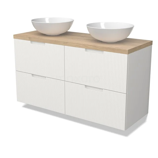 Modulo Plato Vanity units for countertop basin | 120 cm Matte white Line front Light brown oak worktop 4 drawers BMK18-02158