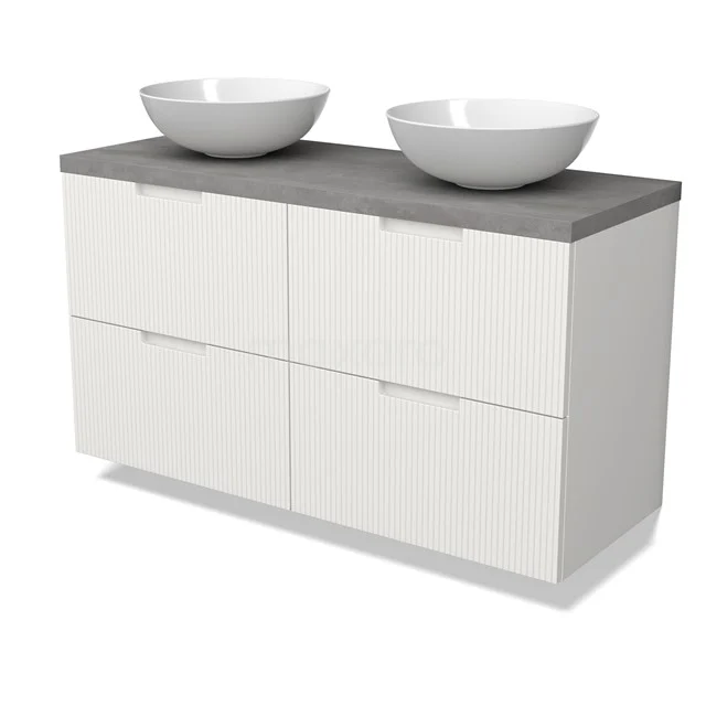 Modulo Plato Badmöbel mit Aufsatzwaschbecken | 120 cm Matt Weiß Linie front Hellgrauer Beton blatt 4 Schubladen BMK18-02162