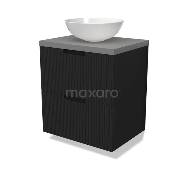 Modulo Plato Badmöbel mit Aufsatzwaschbecken | 60 cm Matt Schwarz Linie front Mittelgrau blatt 2 übereinanderliegende Schubladen BMK17-02971