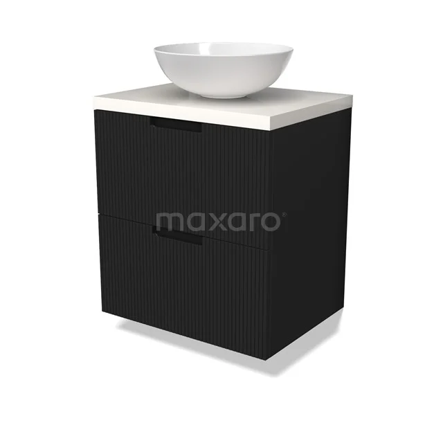 Modulo Plato Badmöbel mit Aufsatzwaschbecken | 60 cm Matt Schwarz Linie front Hochglanz Weiß blatt 2 übereinanderliegende Schubladen BMK17-02972