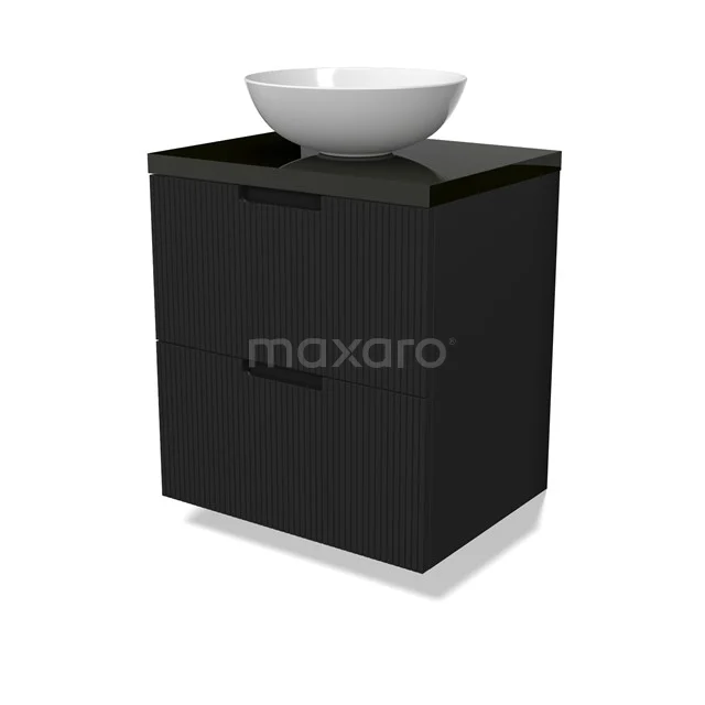 Modulo Plato Badmöbel mit Aufsatzwaschbecken | 60 cm Matt Schwarz Linie front Hochglanz Schwarz blatt 2 übereinanderliegende Schubladen BMK17-02975