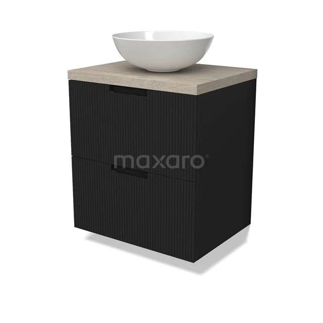 Modulo Plato Vanity units for countertop basin | 60 cm Matte black Line front Light grey oak worktop 2 Stacked drawers BMK17-02979