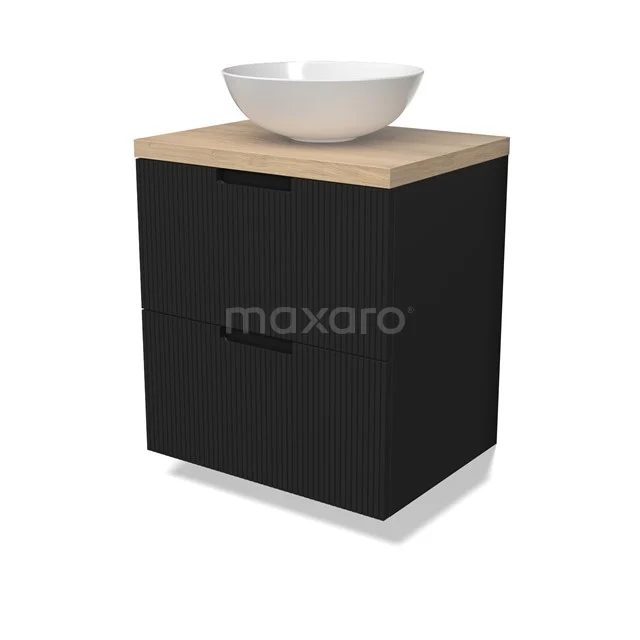 Modulo Plato Vanity units for countertop basin | 60 cm Matte black Line front Light brown oak worktop 2 Stacked drawers BMK17-02980