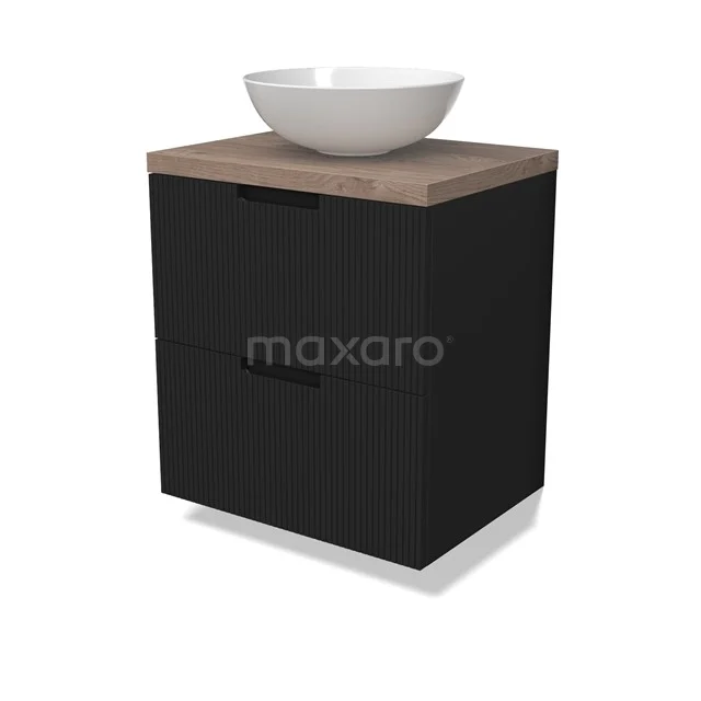 Modulo Plato Vanity units for countertop basin | 60 cm Matte black Line front Mid brown oak worktop 2 Stacked drawers BMK17-02981