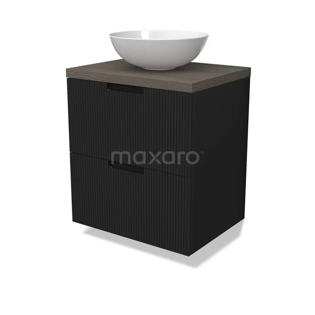 Modulo Plato Vanity units for countertop basin | 60 cm Matte black Line front Dark brown oak worktop 2 Stacked drawers BMK17-02982