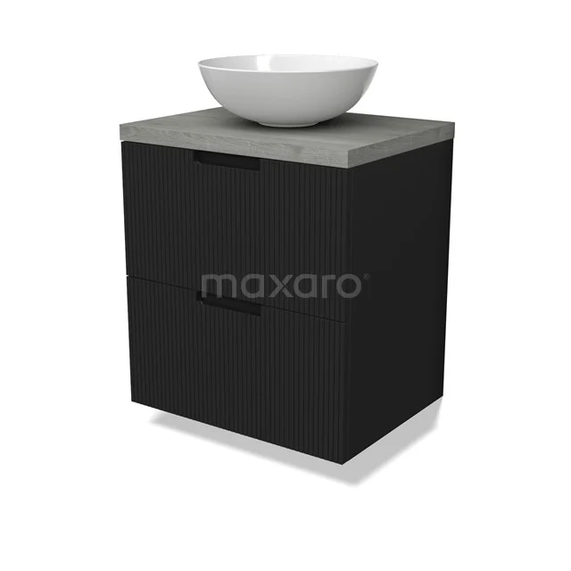 Modulo Plato Vanity units for countertop basin | 60 cm Matte black Line front Grey oak worktop 2 Stacked drawers BMK17-02983