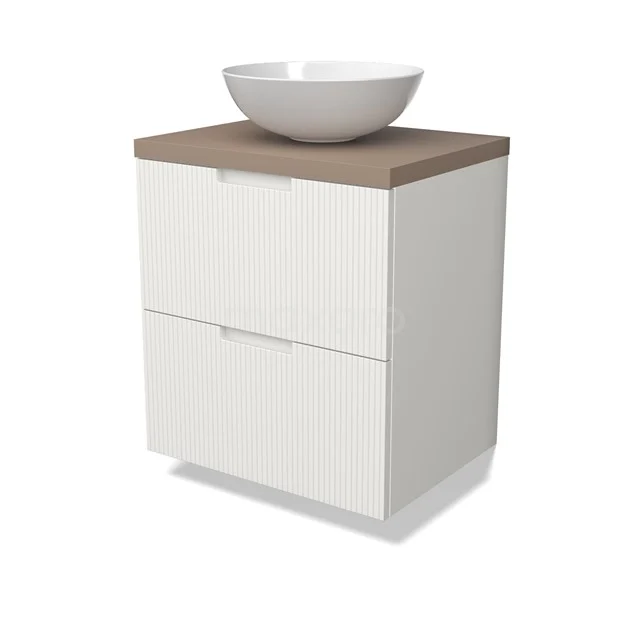 Modulo Plato Badmöbel mit Aufsatzwaschbecken | 60 cm Matt Weiß Linie front Taupe blatt 2 übereinanderliegende Schubladen BMK17-02987