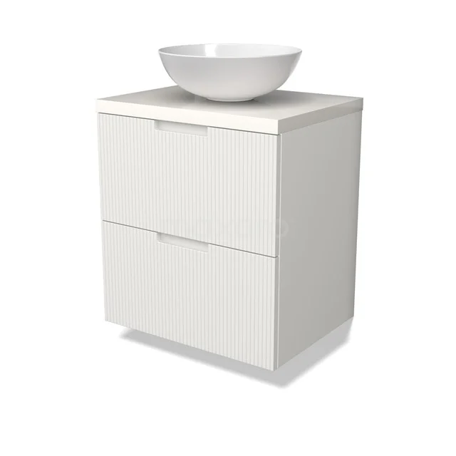 Modulo Plato Badmöbel mit Aufsatzwaschbecken | 60 cm Matt Weiß Linie front Hochglanz Weiß blatt 2 übereinanderliegende Schubladen BMK17-02989