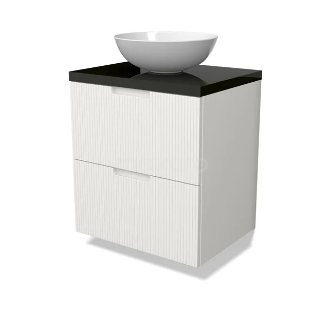 Modulo Plato Badmöbel mit Aufsatzwaschbecken | 60 cm Matt Weiß Linie front Hochglanz Schwarz blatt 2 übereinanderliegende Schubladen BMK17-02992