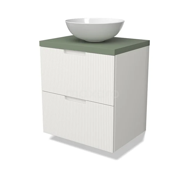 Modulo Plato Badmöbel mit Aufsatzwaschbecken | 60 cm Matt Weiß Linie front Salbeigrün blatt 2 übereinanderliegende Schubladen BMK17-02993