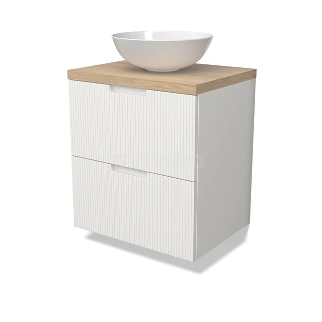 Modulo Plato Badmöbel mit Aufsatzwaschbecken | 60 cm Matt Weiß Linie front Hellbraune Eiche blatt 2 übereinanderliegende Schubladen BMK17-02997