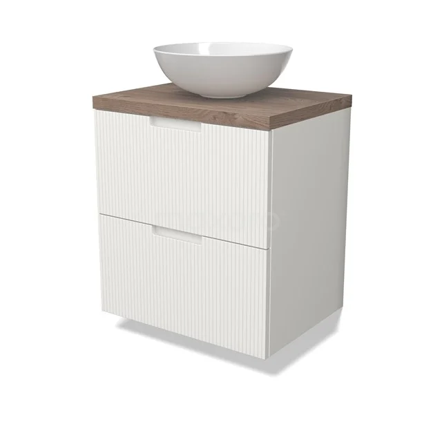 Modulo Plato Badmöbel mit Aufsatzwaschbecken | 60 cm Matt Weiß Linie front Mittelbraune Eiche blatt 2 übereinanderliegende Schubladen BMK17-02998