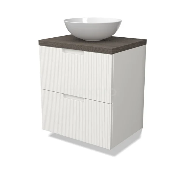 Modulo Plato Vanity units for countertop basin | 60 cm Matte white Line front Dark brown oak worktop 2 Stacked drawers BMK17-02999