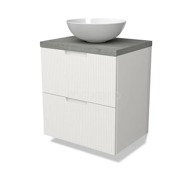 Modulo Plato Vanity units for countertop basin | 60 cm Matte white Line front Grey oak worktop 2 Stacked drawers BMK17-03000