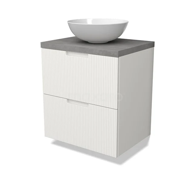 Modulo Plato Badmöbel mit Aufsatzwaschbecken | 60 cm Matt Weiß Linie front Hellgrauer Beton blatt 2 übereinanderliegende Schubladen BMK17-03001