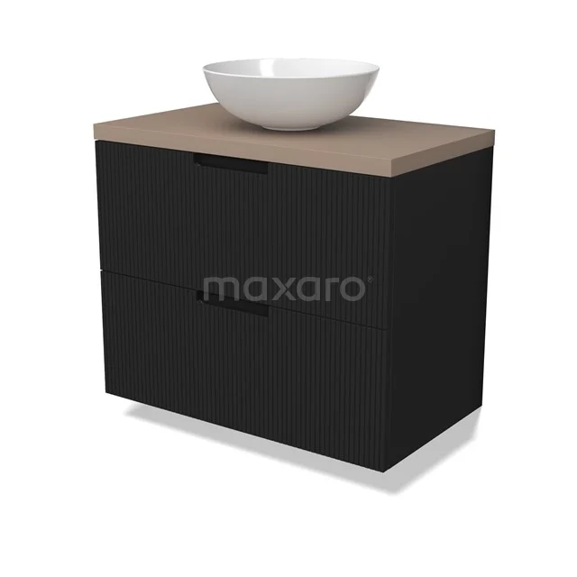 Modulo Plato Badmöbel mit Aufsatzwaschbecken | 80 cm Matt Schwarz Linie front Taupe blatt 2 übereinanderliegende Schubladen BMK17-03004