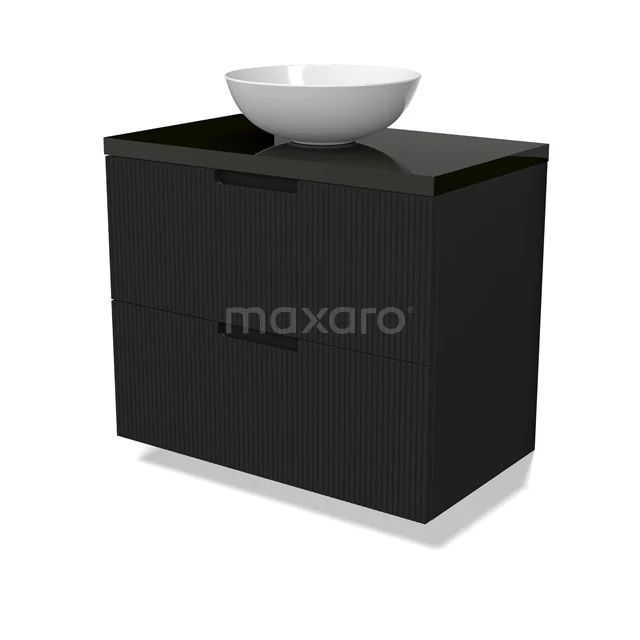 Modulo Plato Vanity units for countertop basin | 80 cm Matte black Line front High-gloss black worktop 2 Stacked drawers BMK17-03009