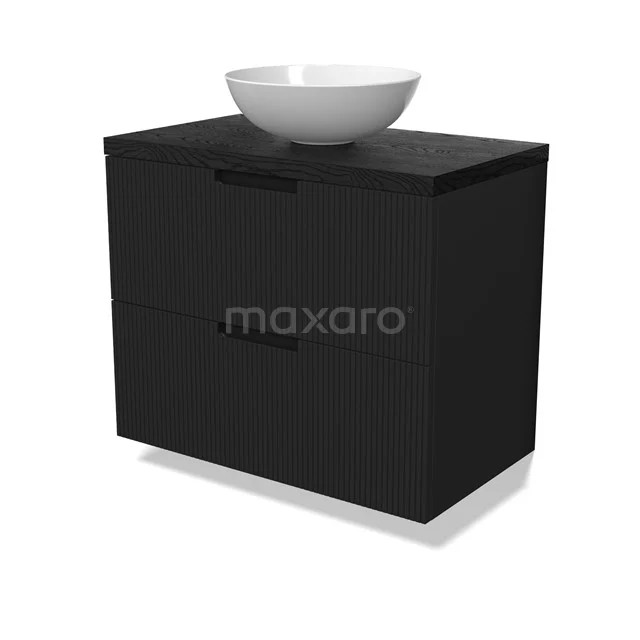 Modulo Plato Vanity units for countertop basin | 80 cm Matte black Line front Black oak worktop 2 Stacked drawers BMK17-03011