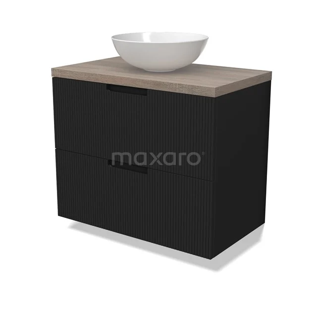 Modulo Plato Vanity units for countertop basin | 80 cm Matte black Line front Oak worktop 2 Stacked drawers BMK17-03012