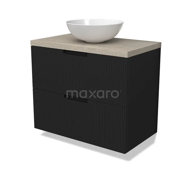 Modulo Plato Badmöbel mit Aufsatzwaschbecken | 80 cm Matt Schwarz Linie front Hellgraue Eiche blatt 2 übereinanderliegende Schubladen BMK17-03013