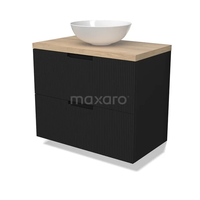 Modulo Plato Badmöbel mit Aufsatzwaschbecken | 80 cm Matt Schwarz Linie front Hellbraune Eiche blatt 2 übereinanderliegende Schubladen BMK17-03014