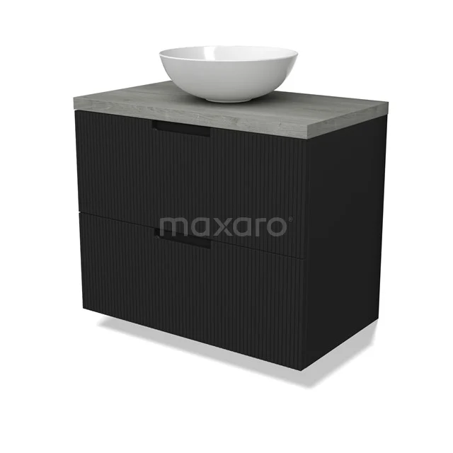 Modulo Plato Badmöbel mit Aufsatzwaschbecken | 80 cm Matt Schwarz Linie front Graue Eiche blatt 2 übereinanderliegende Schubladen BMK17-03017