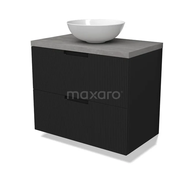 Modulo Plato Badmöbel mit Aufsatzwaschbecken | 80 cm Matt Schwarz Linie front Hellgrauer Beton blatt 2 übereinanderliegende Schubladen BMK17-03018