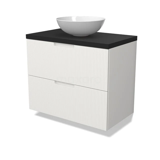 Modulo Plato Badmöbel mit Aufsatzwaschbecken | 80 cm Matt Weiß Linie front Matt Schwarz blatt 2 übereinanderliegende Schubladen BMK17-03020