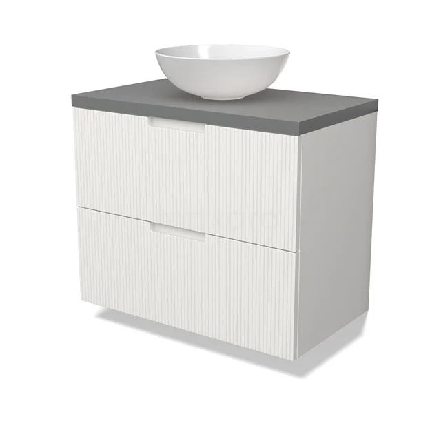 Modulo Plato Badmöbel mit Aufsatzwaschbecken | 80 cm Matt Weiß Linie front Mittelgrau blatt 2 übereinanderliegende Schubladen BMK17-03022