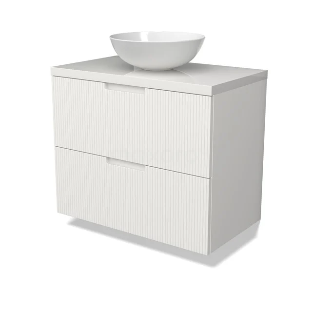 Modulo Plato Vanity units for countertop basin | 80 cm Matte white Line front High-gloss white worktop 2 Stacked drawers BMK17-03023