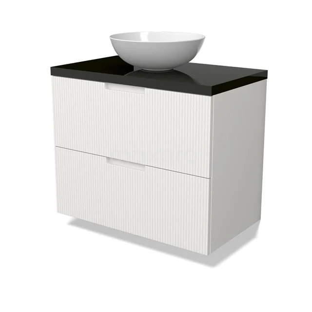 Modulo Plato Vanity units for countertop basin | 80 cm Matte white Line front High-gloss black worktop 2 Stacked drawers BMK17-03026