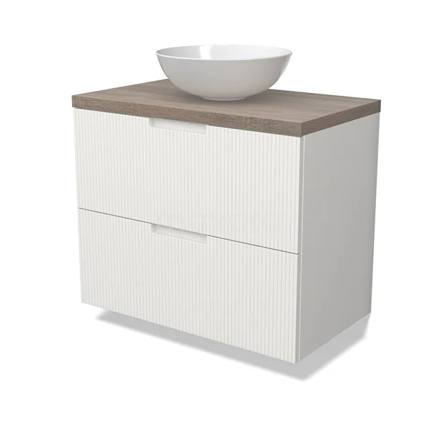 Modulo Plato Badmöbel mit Aufsatzwaschbecken | 80 cm Matt Weiß Linie front Eiche blatt 2 übereinanderliegende Schubladen BMK17-03029