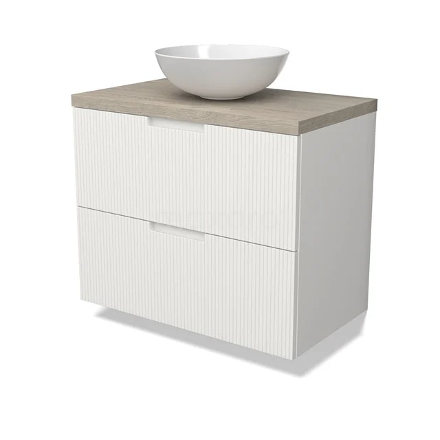 Modulo Plato Vanity units for countertop basin | 80 cm Matte white Line front Light grey oak worktop 2 Stacked drawers BMK17-03030