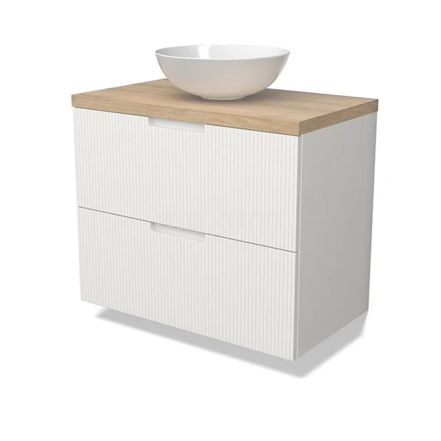 Modulo Plato Badmöbel mit Aufsatzwaschbecken | 80 cm Matt Weiß Linie front Hellbraune Eiche blatt 2 übereinanderliegende Schubladen BMK17-03031