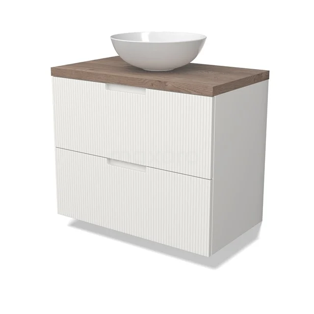 Modulo Plato Badmöbel mit Aufsatzwaschbecken | 80 cm Matt Weiß Linie front Mittelbraune Eiche blatt 2 übereinanderliegende Schubladen BMK17-03032