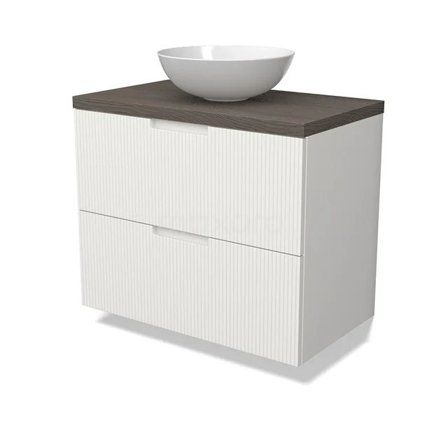 Modulo Plato Badmöbel mit Aufsatzwaschbecken | 80 cm Matt Weiß Linie front Dunkelbraune Eiche blatt 2 übereinanderliegende Schubladen BMK17-03033