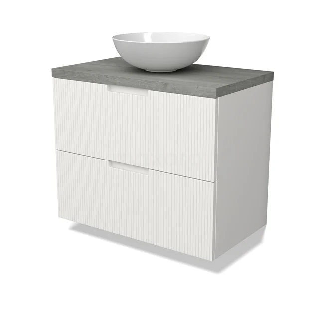Modulo Plato Vanity units for countertop basin | 80 cm Matte white Line front Grey oak worktop 2 Stacked drawers BMK17-03034