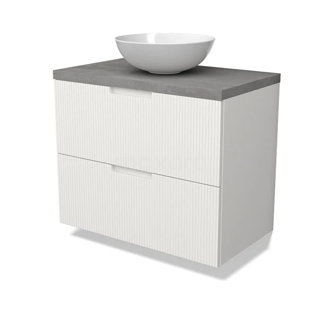 Modulo Plato Vanity units for countertop basin | 80 cm Matte white Line front Light grey concrete worktop 2 Stacked drawers BMK17-03035