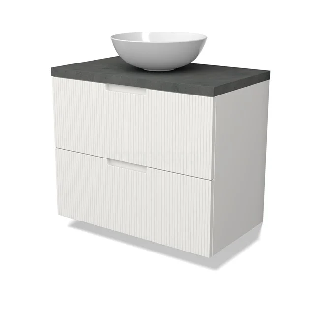 Modulo Plato Badmöbel mit Aufsatzwaschbecken | 80 cm Matt Weiß Linie front Dunkelgrauer Beton blatt 2 übereinanderliegende Schubladen BMK17-03036