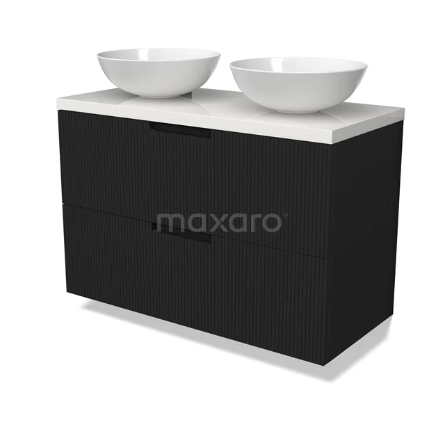 Modulo Plato Vanity units for countertop basin | 100 cm Matte black Line front High-gloss white worktop 2 Stacked drawers BMK17-03040