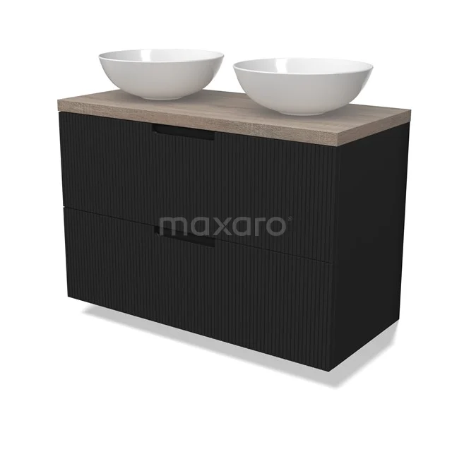 Modulo Plato Vanity units for countertop basin | 100 cm Matte black Line front Oak worktop 2 Stacked drawers BMK17-03046