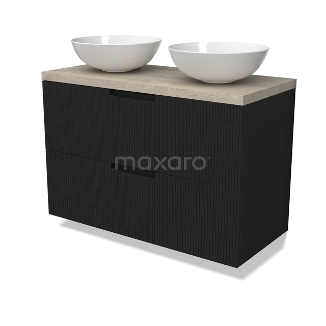 Modulo Plato Badmöbel mit Aufsatzwaschbecken | 100 cm Matt Schwarz Linie front Hellgraue Eiche blatt 2 übereinanderliegende Schubladen BMK17-03047