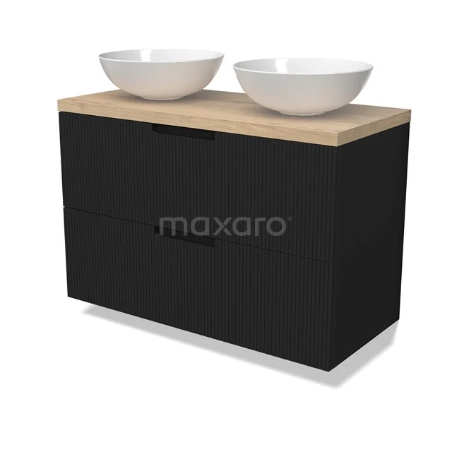 Modulo Plato Vanity units for countertop basin | 100 cm Matte black Line front Light brown oak worktop 2 Stacked drawers BMK17-03048