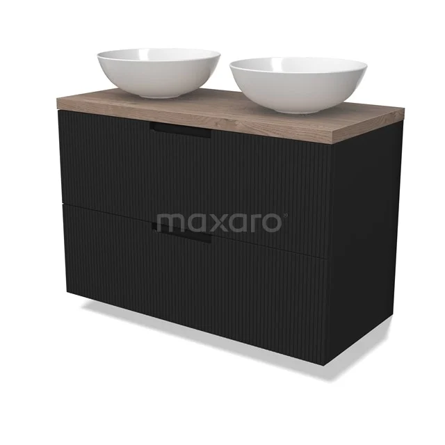Modulo Plato Vanity units for countertop basin | 100 cm Matte black Line front Mid brown oak worktop 2 Stacked drawers BMK17-03049
