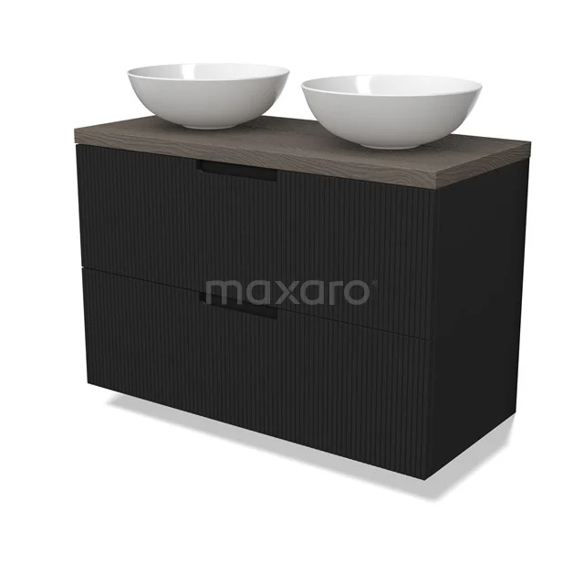 Modulo Plato Vanity units for countertop basin | 100 cm Matte black Line front Dark brown oak worktop 2 Stacked drawers BMK17-03050