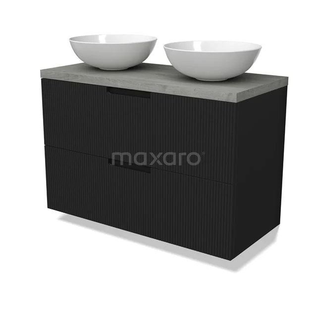 Modulo Plato Vanity units for countertop basin | 100 cm Matte black Line front Grey oak worktop 2 Stacked drawers BMK17-03051