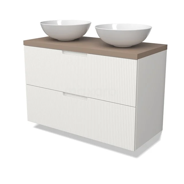 Modulo Plato Badmöbel mit Aufsatzwaschbecken | 100 cm Matt Weiß Linie front Taupe blatt 2 übereinanderliegende Schubladen BMK17-03055