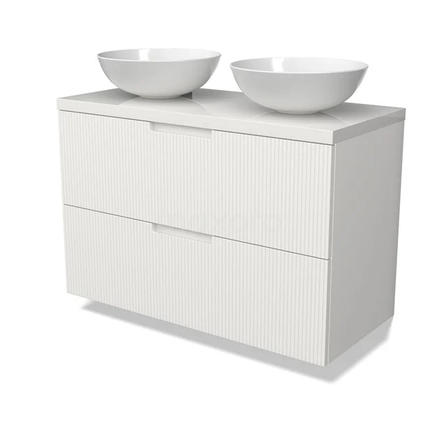 Modulo Plato Vanity units for countertop basin | 100 cm Matte white Line front High-gloss white worktop 2 Stacked drawers BMK17-03057