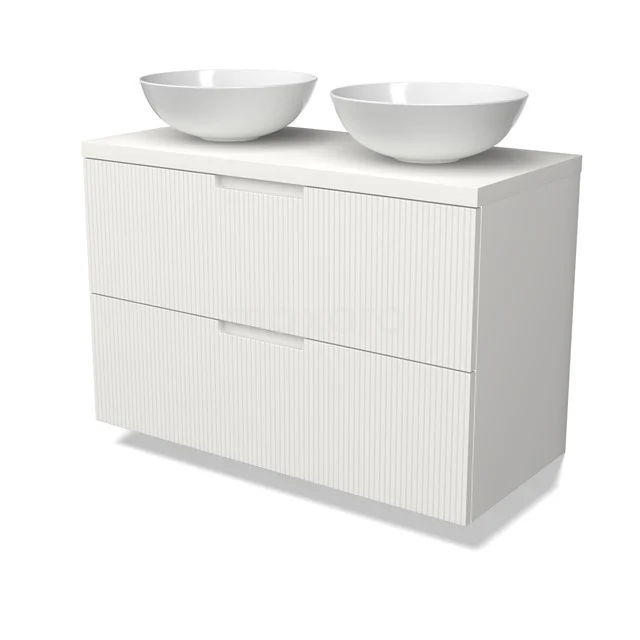 Modulo Plato Badmöbel mit Aufsatzwaschbecken | 100 cm Matt Weiß Linie front Matt Weiß blatt 2 übereinanderliegende Schubladen BMK17-03058